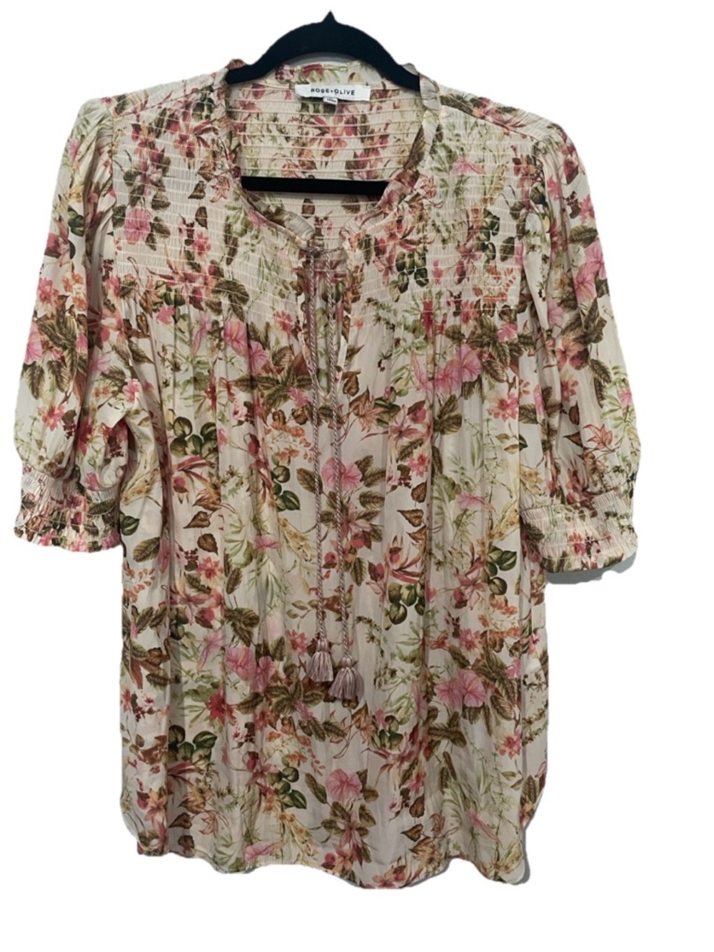 Rose & Olive Floral Smocked Tassel Blouse in Cream, Pink & Green